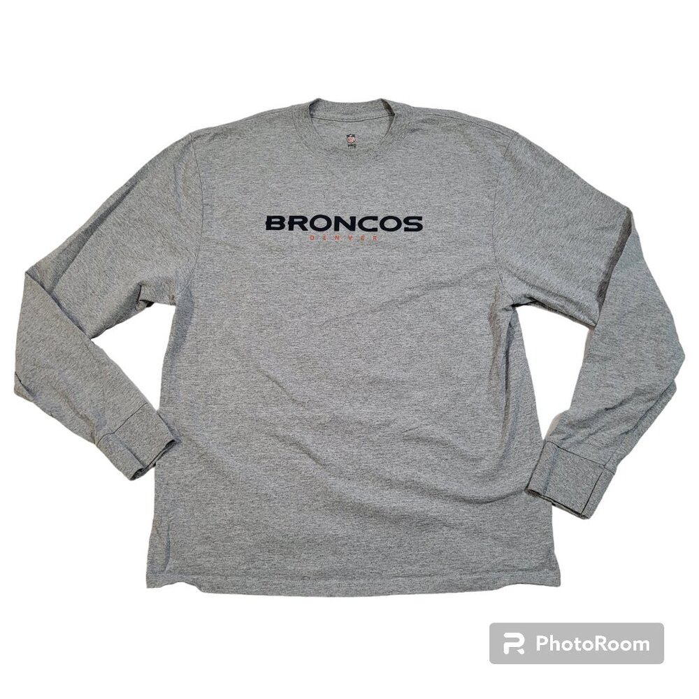 NFL Proline Denver Broncos Shirt Football Cotton Spell Out Grey Long Sleeve